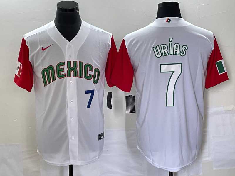 Men%27s Mexico Baseball #7 Julio Urias Number 2023 White Red World Classic Stitched Jersey33